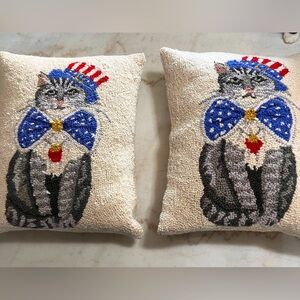 Pillow Needlework Cat Patriotic 14 x18 Mary Lake Thompson Peking Wool Set Of 2